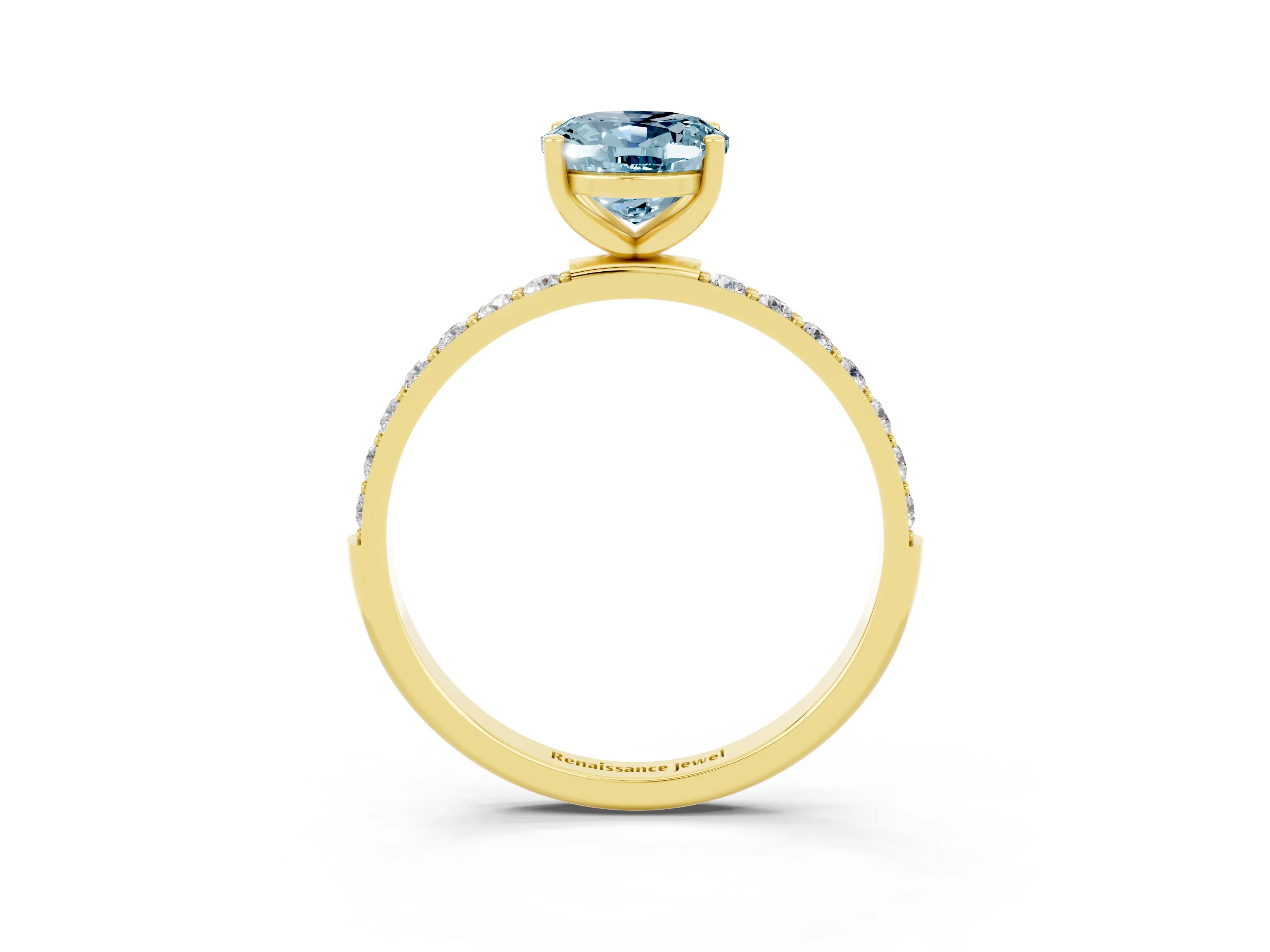 Yellow gold Oval Cut Aquamarine Solitaire Ring with Pave Band and Four Prong Setting_15