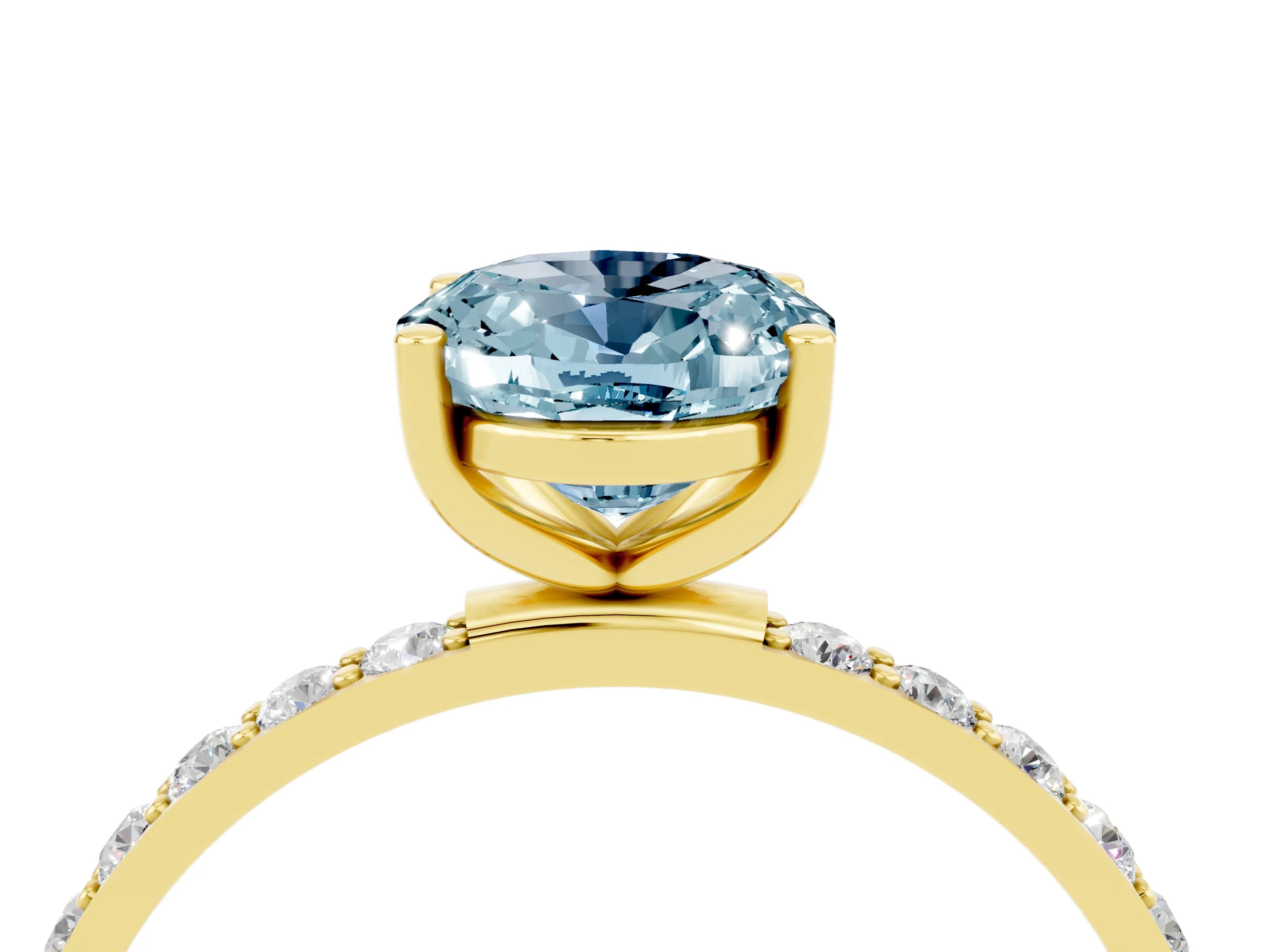 Yellow gold Oval Cut Aquamarine Solitaire Ring with Pave Band and Four Prong Setting_16