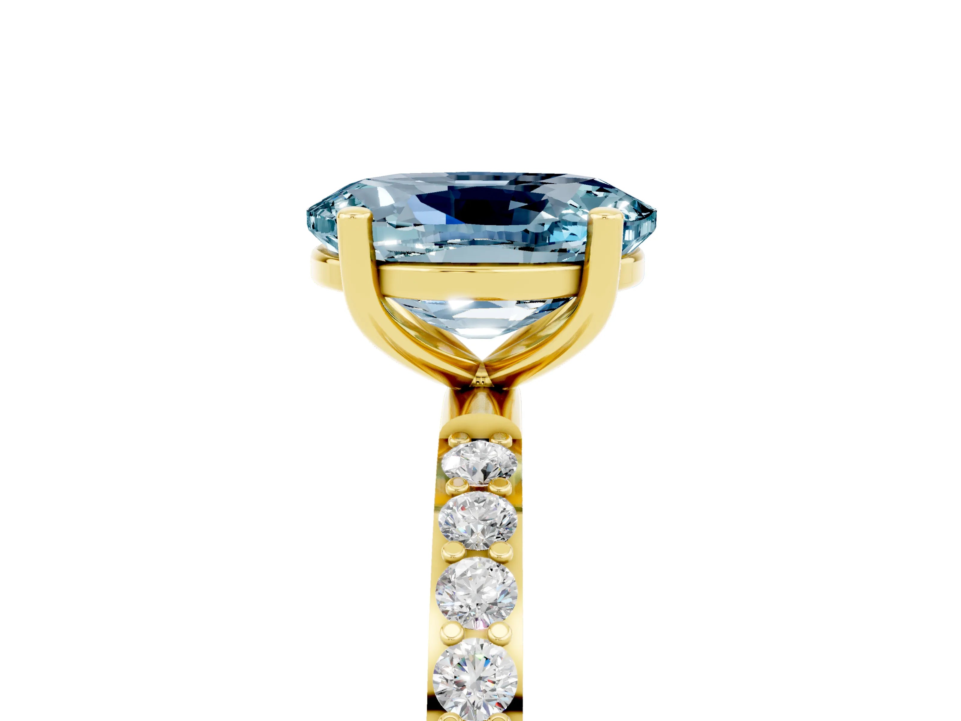Yellow gold Oval Cut Aquamarine Solitaire Ring with Pave Band and Four Prong Setting_17