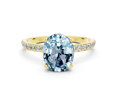 Yellow gold Oval Cut Aquamarine Solitaire Ring with Pave Band and Four Prong Setting_24