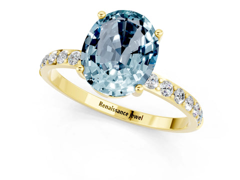 Yellow gold Oval Cut Aquamarine Solitaire Ring with Pave Band and Four Prong Setting_25