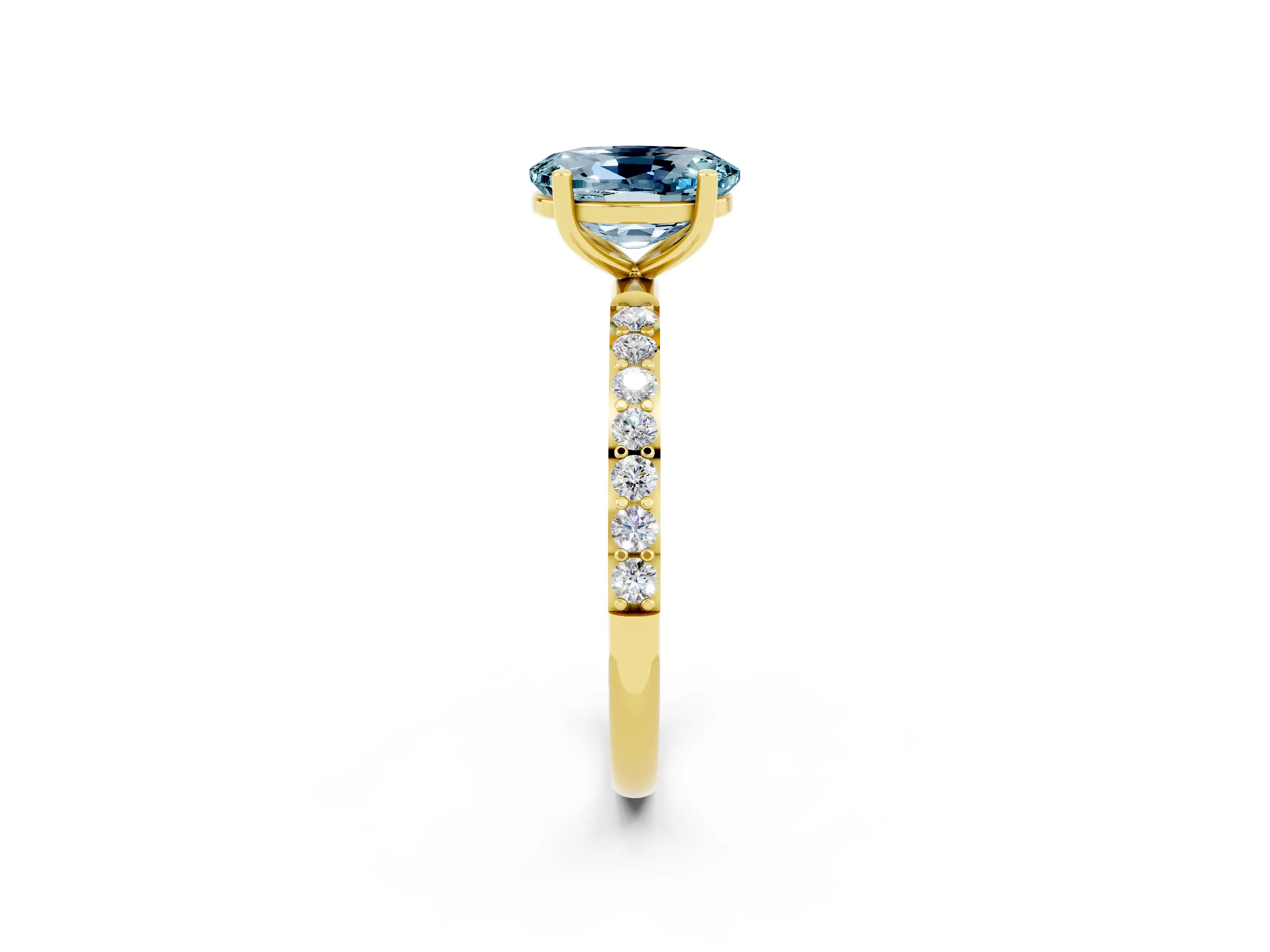 Yellow gold Oval Cut Aquamarine Solitaire Ring with Pave Band and Four Prong Setting_26