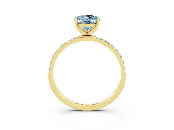 Yellow gold Oval Cut Aquamarine Solitaire Ring with Round  Pavé Band and Prong Setting