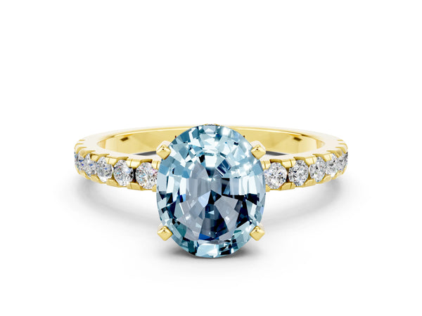 Yellow gold Oval Cut Aquamarine Solitaire Ring with Round Pavé Band and Four-Prong Setting