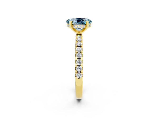 Yellow gold Oval Cut Aquamarine Solitaire Ring with Round Pavé Band and Four-Prong Setting