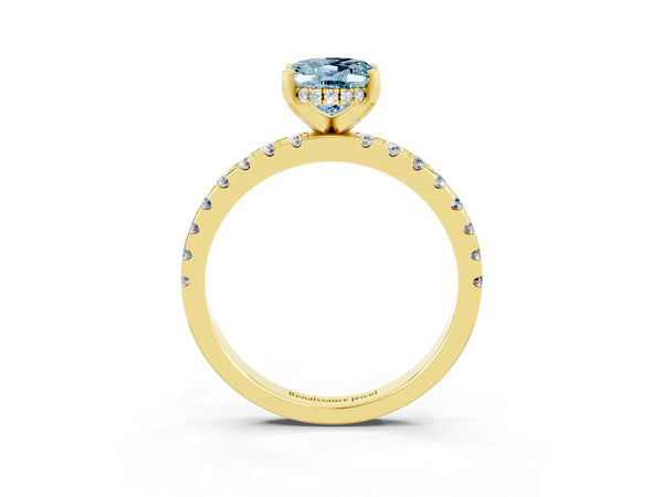Yellow gold Oval Cut Aquamarine Solitaire Ring with Round Pavé Band and Four-Prong Setting