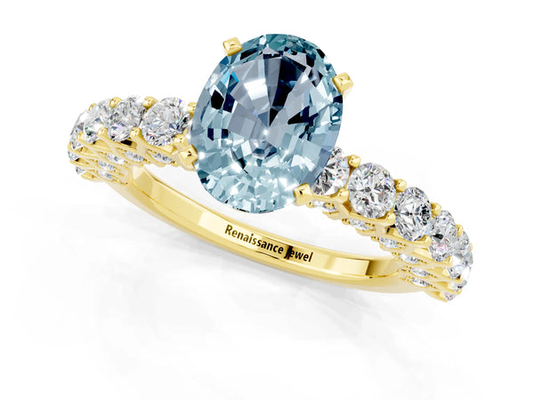 Yellow gold Oval Cut Aquamarine Solitaire Ring with Shared Prong Pavé Band and Four-Prong Setting