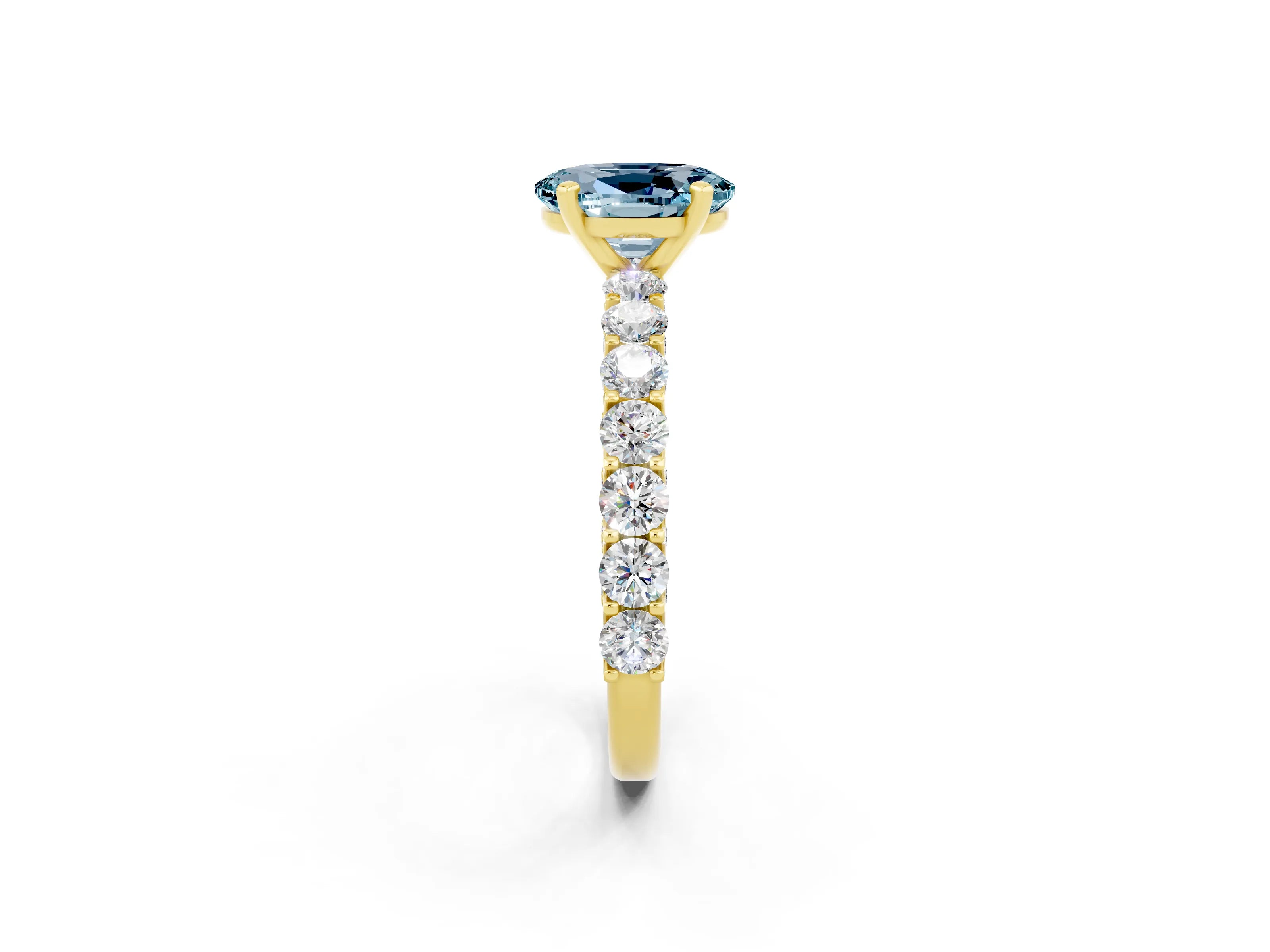 Yellow gold Oval Cut Aquamarine Solitaire Ring with Shared Prong Pavé Band and Four-Prong Setting_2