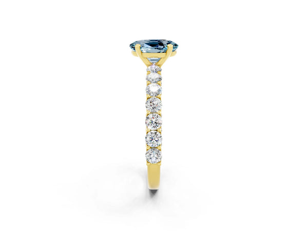 Yellow gold Oval Cut Aquamarine Solitaire Ring with Shared Prong Pavé Band and Four-Prong Setting