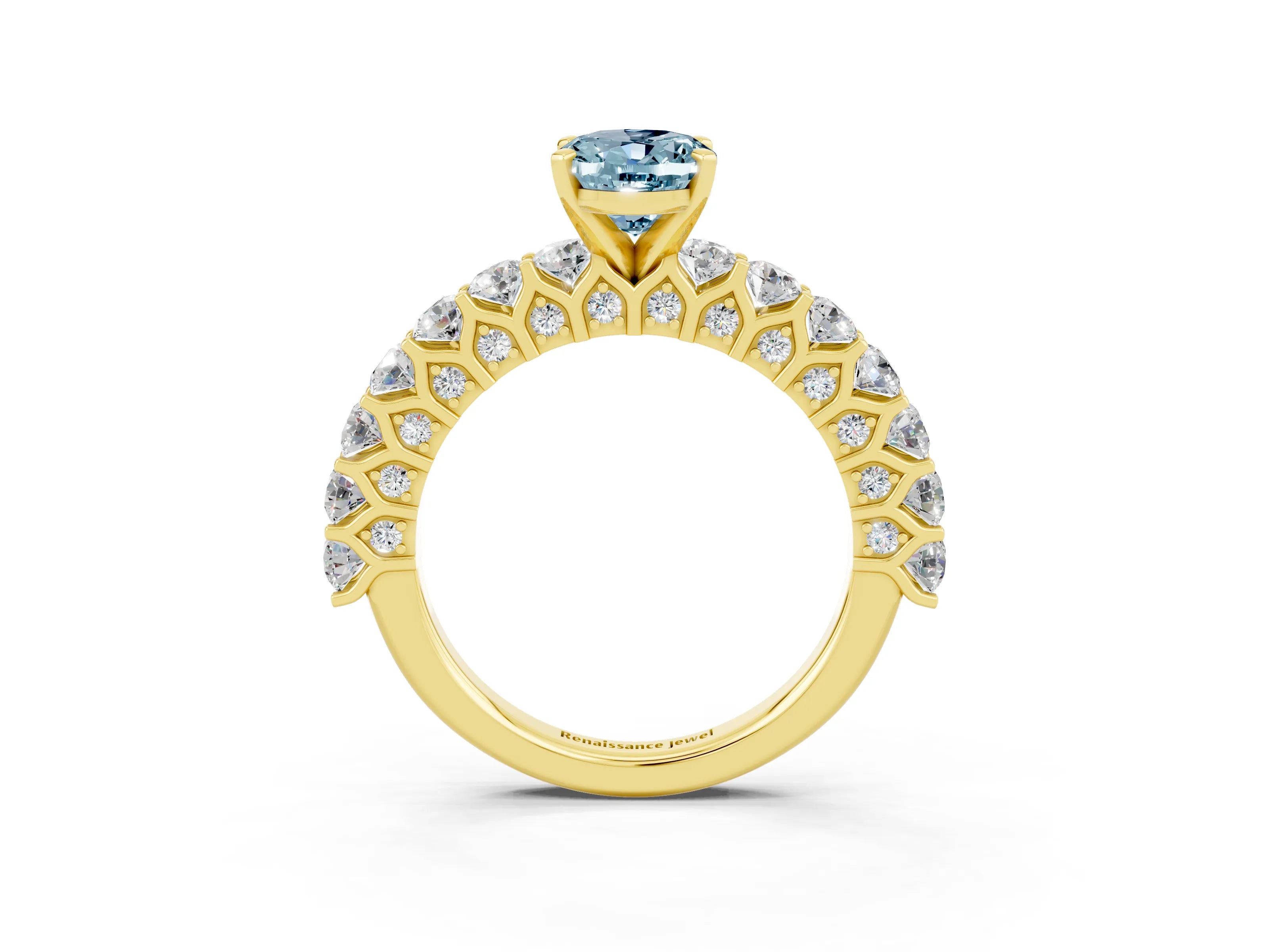 Yellow gold Oval Cut Aquamarine Solitaire Ring with Shared Prong Pavé Band and Four-Prong Setting_3