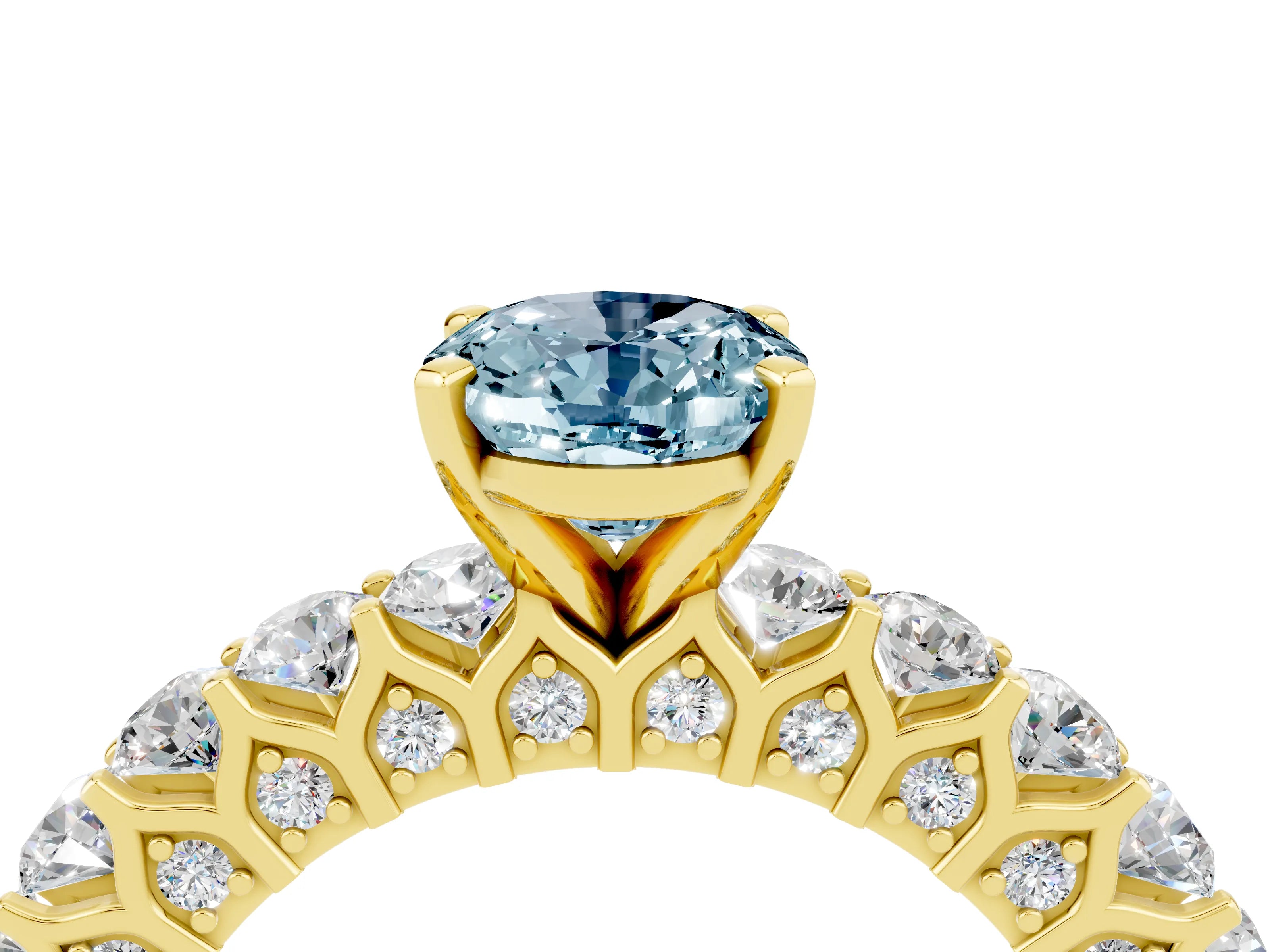 Yellow gold Oval Cut Aquamarine Solitaire Ring with Shared Prong Pavé Band and Four-Prong Setting_4
