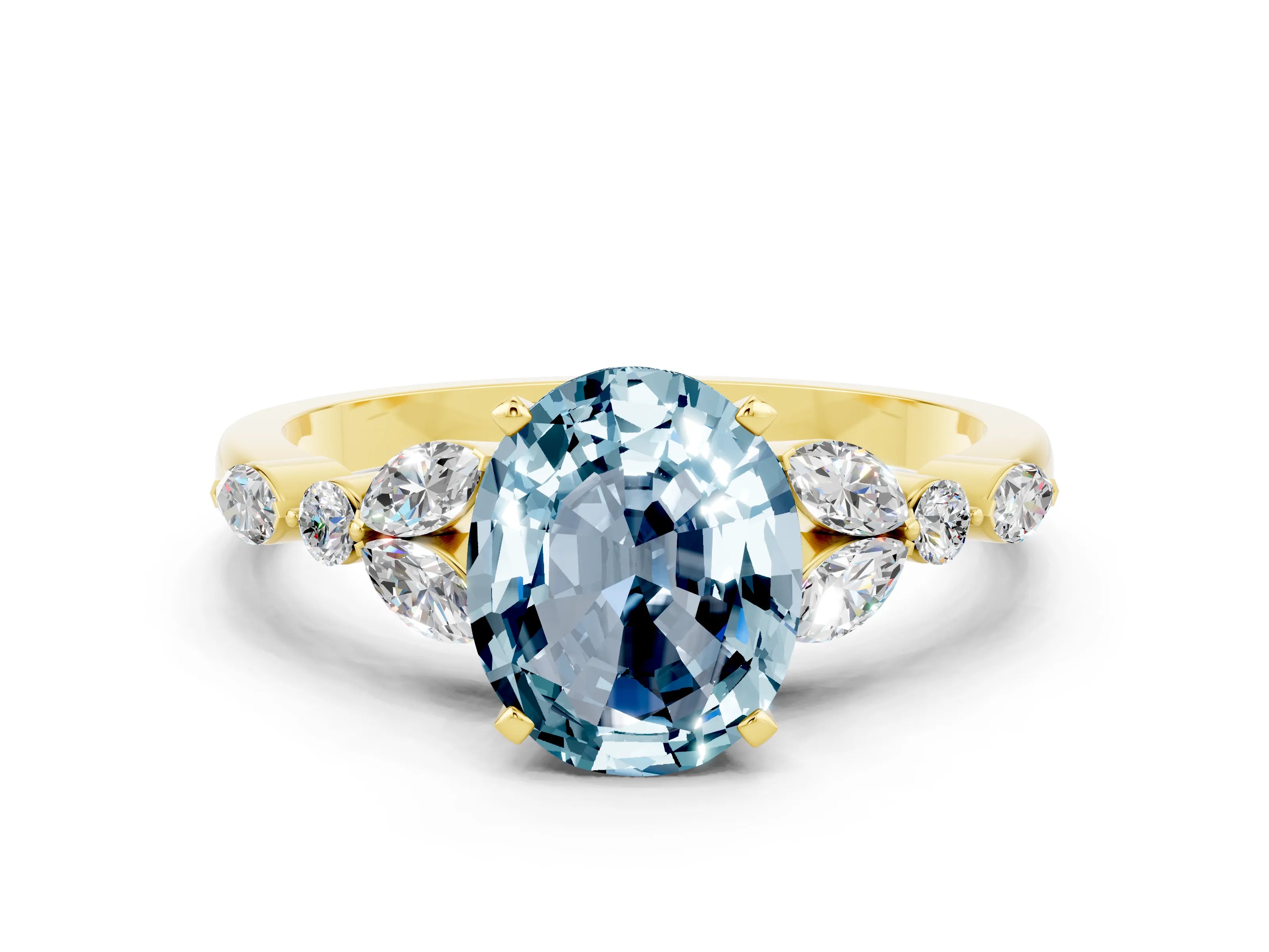 Yellow gold Oval Cut Aquamarine Solitaire Ring with Side Stones and Four-Prong Setting_12