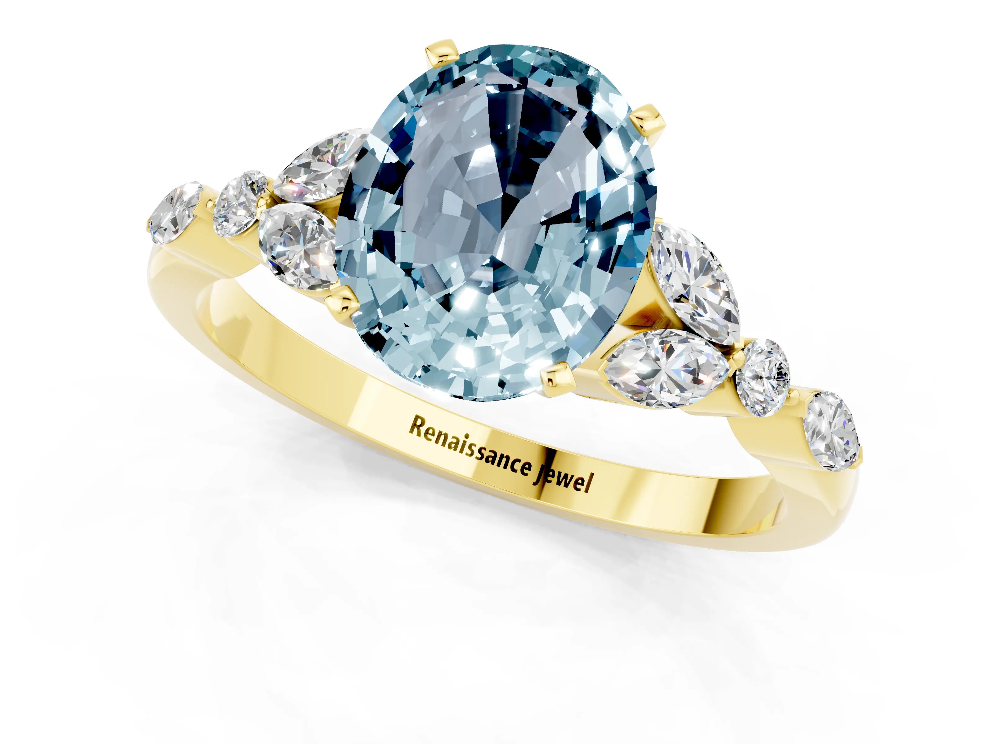 Yellow gold Oval Cut Aquamarine Solitaire Ring with Side Stones and Four-Prong Setting_13
