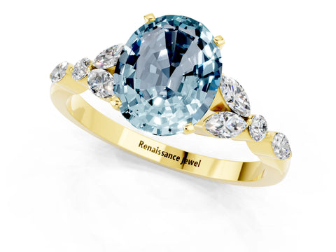Yellow gold Oval Cut Aquamarine Solitaire Ring with Side Stones and Four-Prong Setting_13