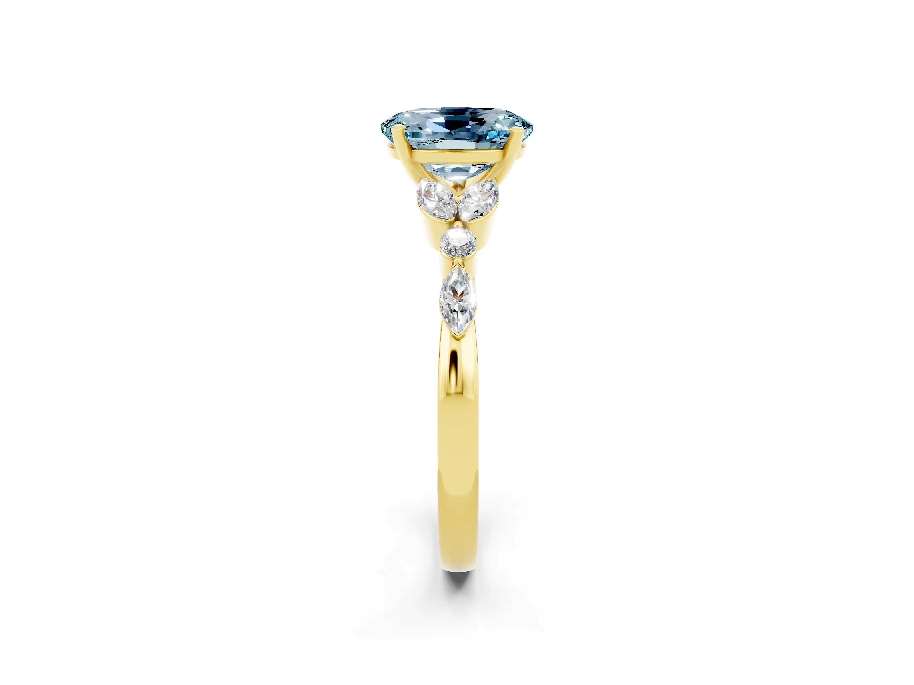 Yellow gold Oval Cut Aquamarine Solitaire Ring with Side Stones and Four-Prong Setting_14