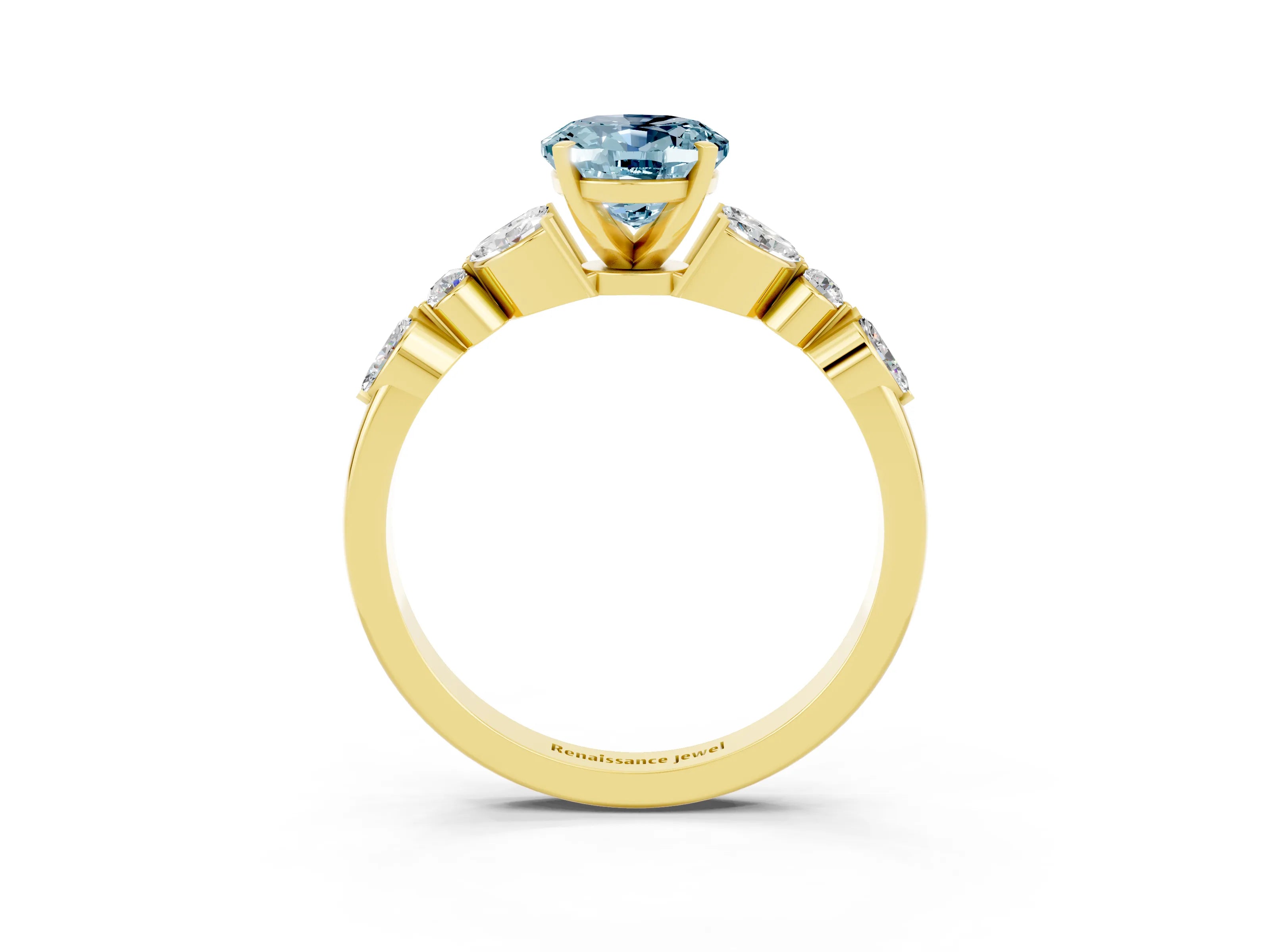 Yellow gold Oval Cut Aquamarine Solitaire Ring with Side Stones and Four-Prong Setting_15