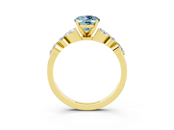 Yellow gold Oval Cut Aquamarine Solitaire Ring with Side Stones and Four-Prong Setting