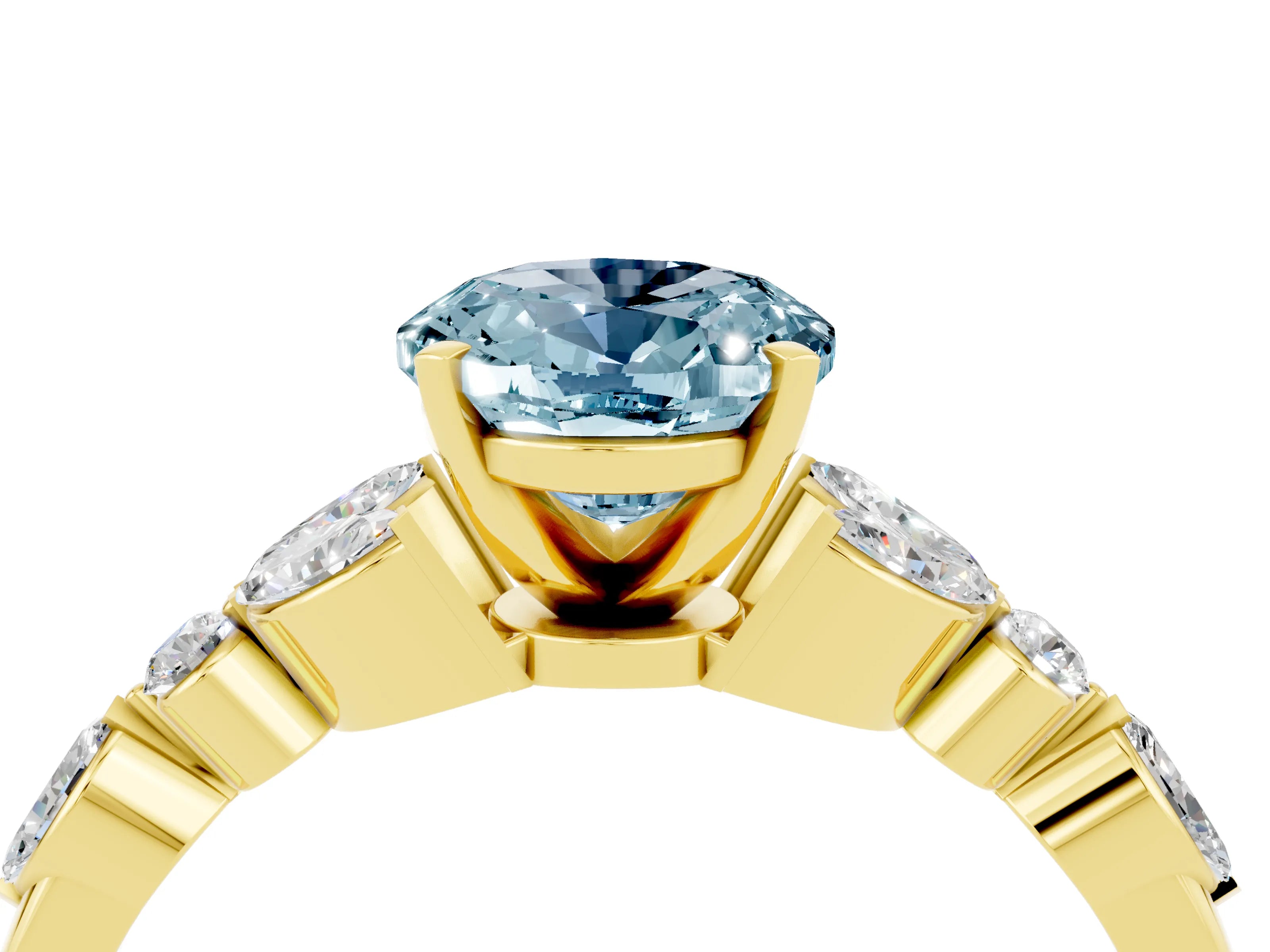 Yellow gold Oval Cut Aquamarine Solitaire Ring with Side Stones and Four-Prong Setting_16