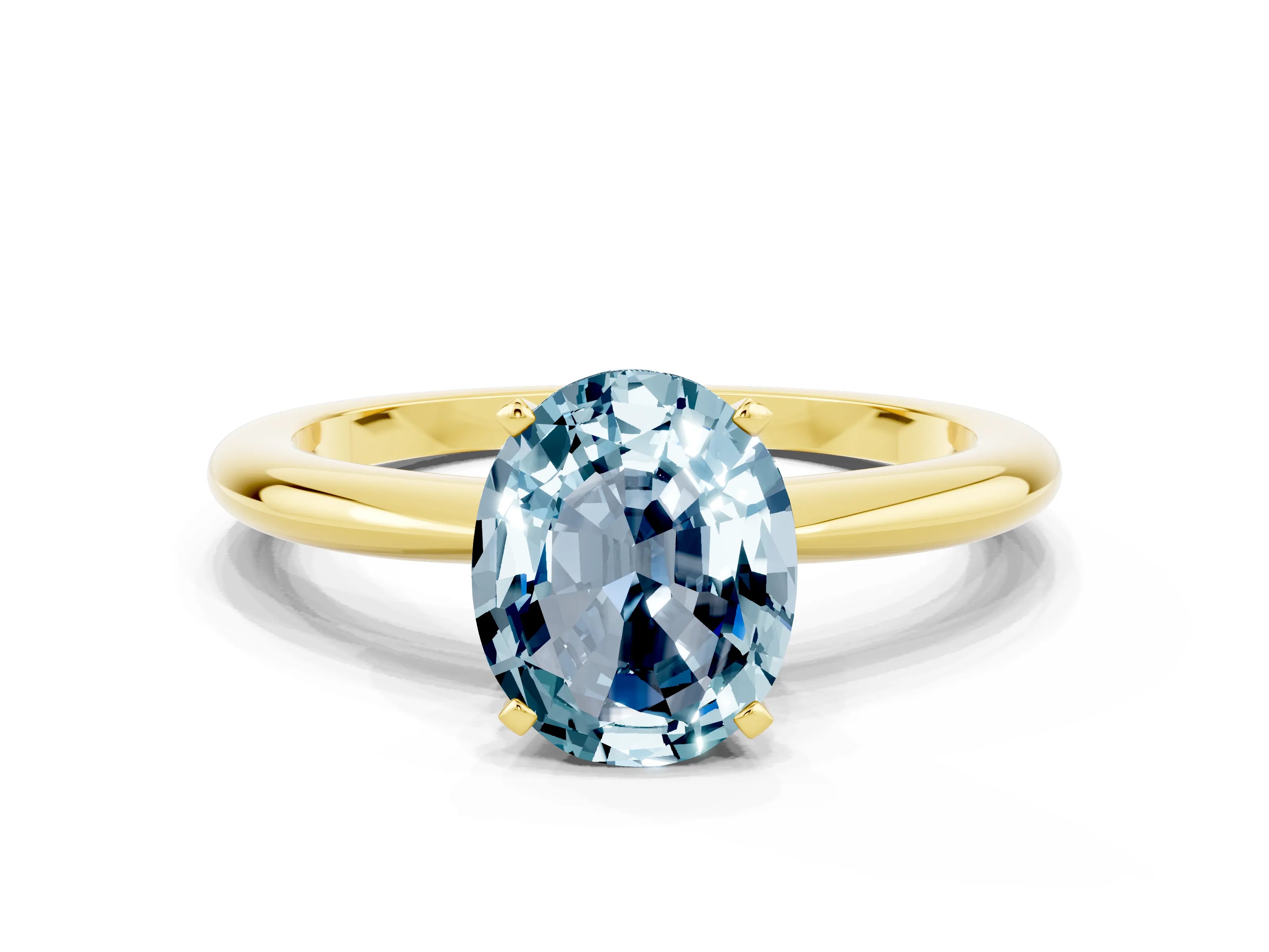 Yellow gold Oval Cut Aquamarine Solitaire Ring with Six-Prong Setting and Classic Band