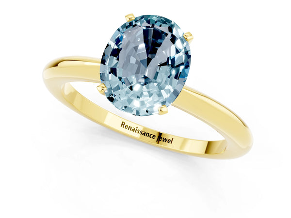 Yellow gold Oval Cut Aquamarine Solitaire Ring with Six-Prong Setting and Classic Band