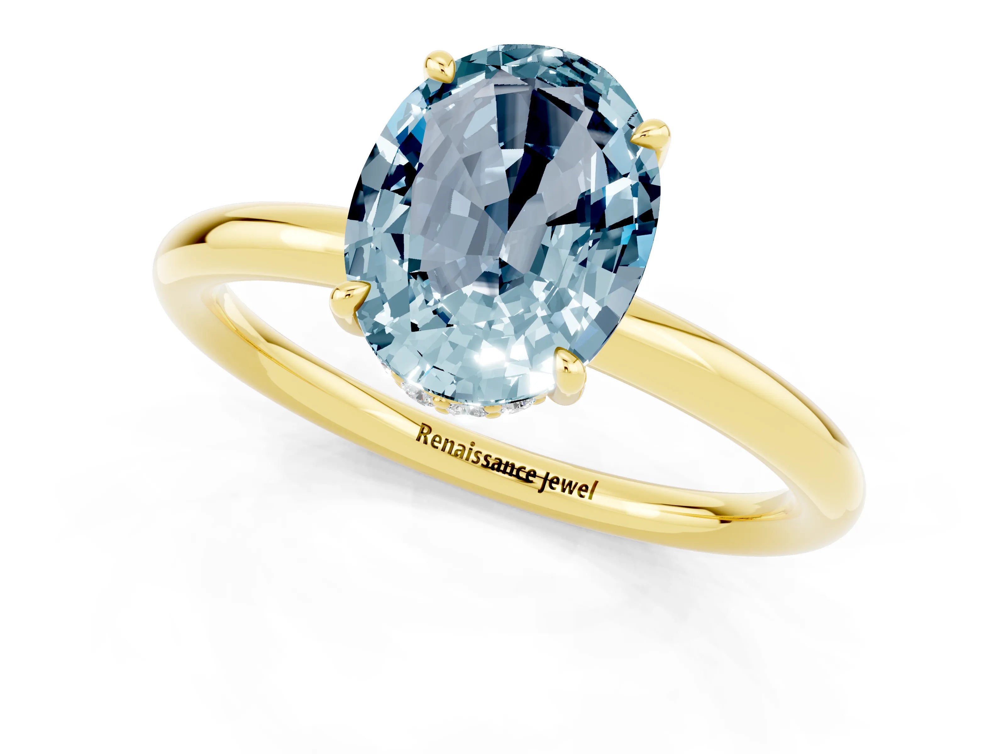 Yellow gold Oval Cut Aquamarine Solitaire Ring with Thin Band and Four-Prong Setting_13