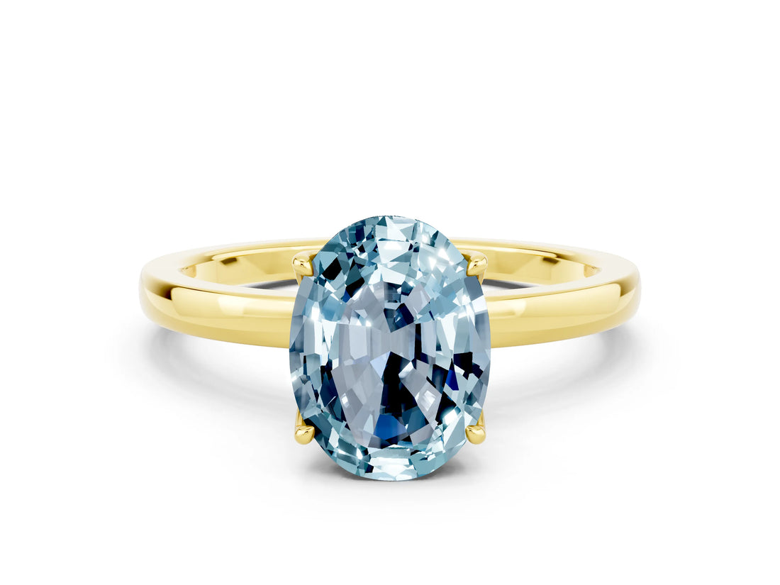 Yellow gold Oval Cut Aquamarine Solitaire Ring with Thin Band and Prong Setting_12