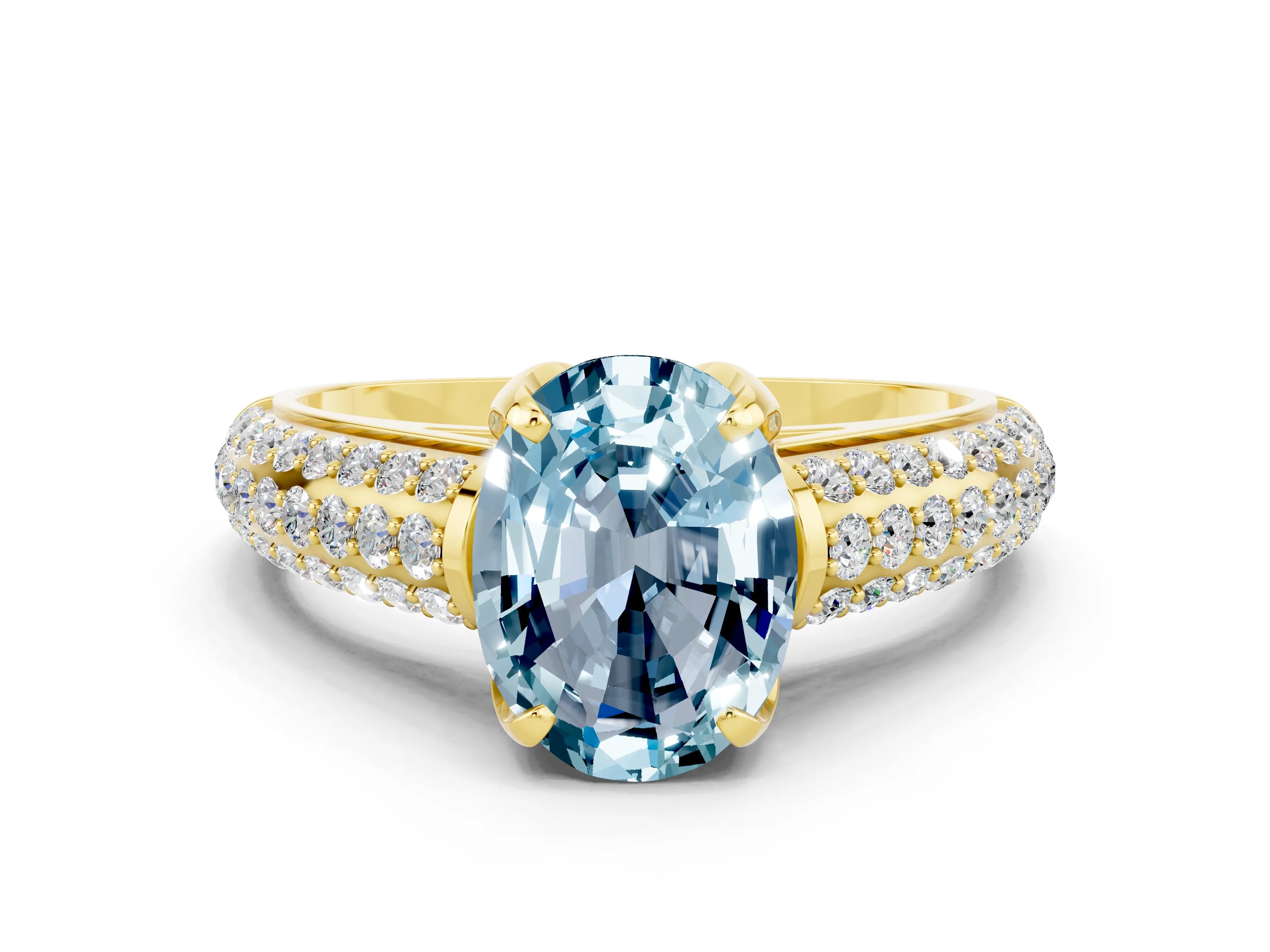 Yellow gold Oval Cut Aquamarine Solitaire Ring with Three-Row Pavé Band and Four-Prong Setting_12