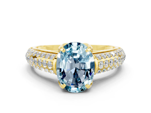 Yellow gold Oval Cut Aquamarine Solitaire Ring with Three-Row Pavé Band and Four-Prong Setting