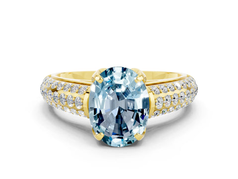 Yellow gold Oval Cut Aquamarine Solitaire Ring with Three-Row Pavé Band and Four-Prong Setting_12