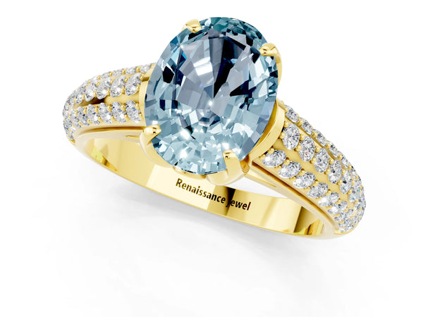 Yellow gold Oval Cut Aquamarine Solitaire Ring with Three-Row Pavé Band and Four-Prong Setting