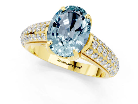 Yellow gold Oval Cut Aquamarine Solitaire Ring with Three-Row Pavé Band and Four-Prong Setting_13
