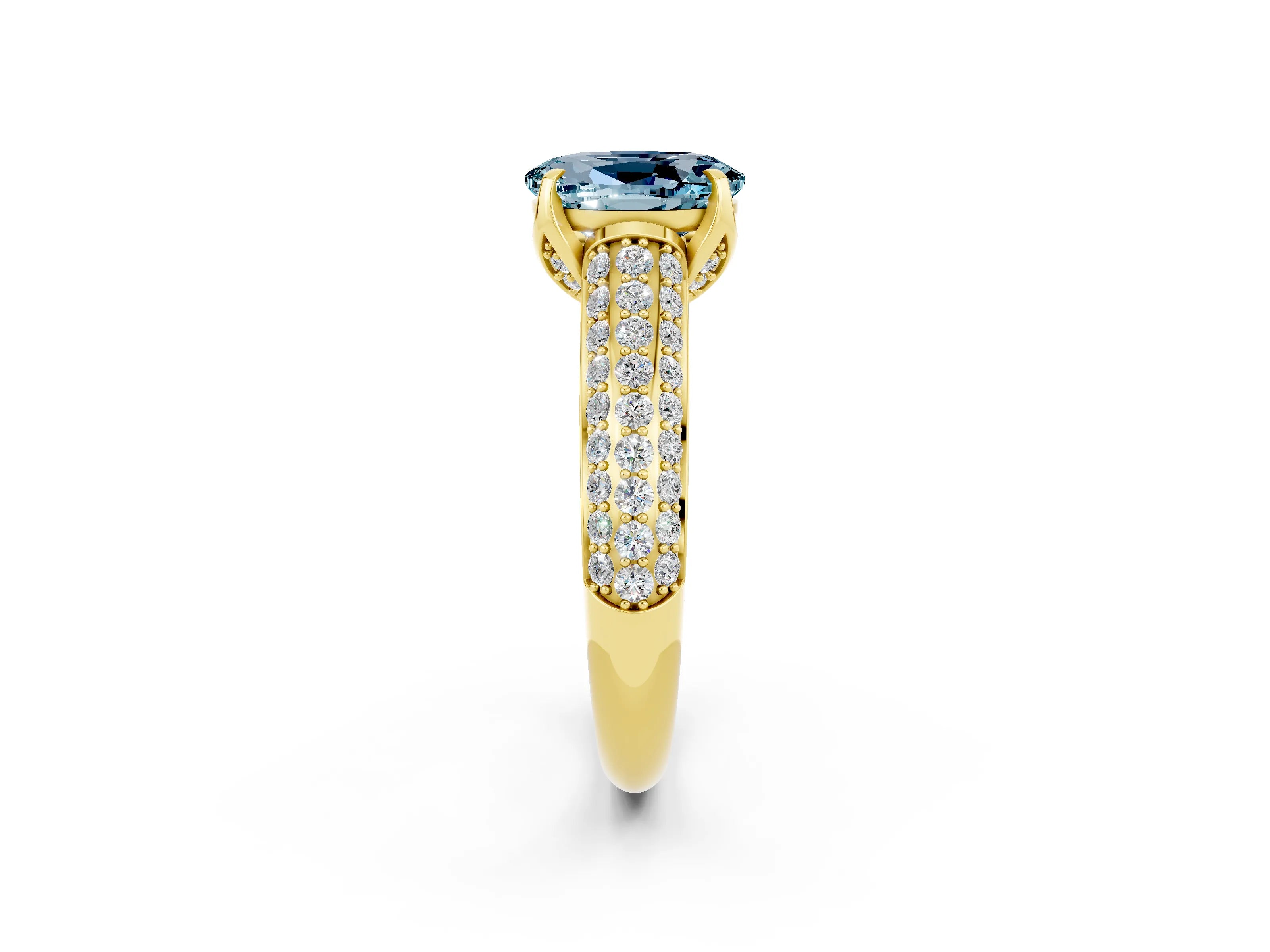 Yellow gold Oval Cut Aquamarine Solitaire Ring with Three-Row Pavé Band and Four-Prong Setting_14