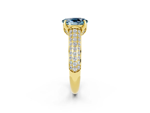 Yellow gold Oval Cut Aquamarine Solitaire Ring with Three-Row Pavé Band and Four-Prong Setting