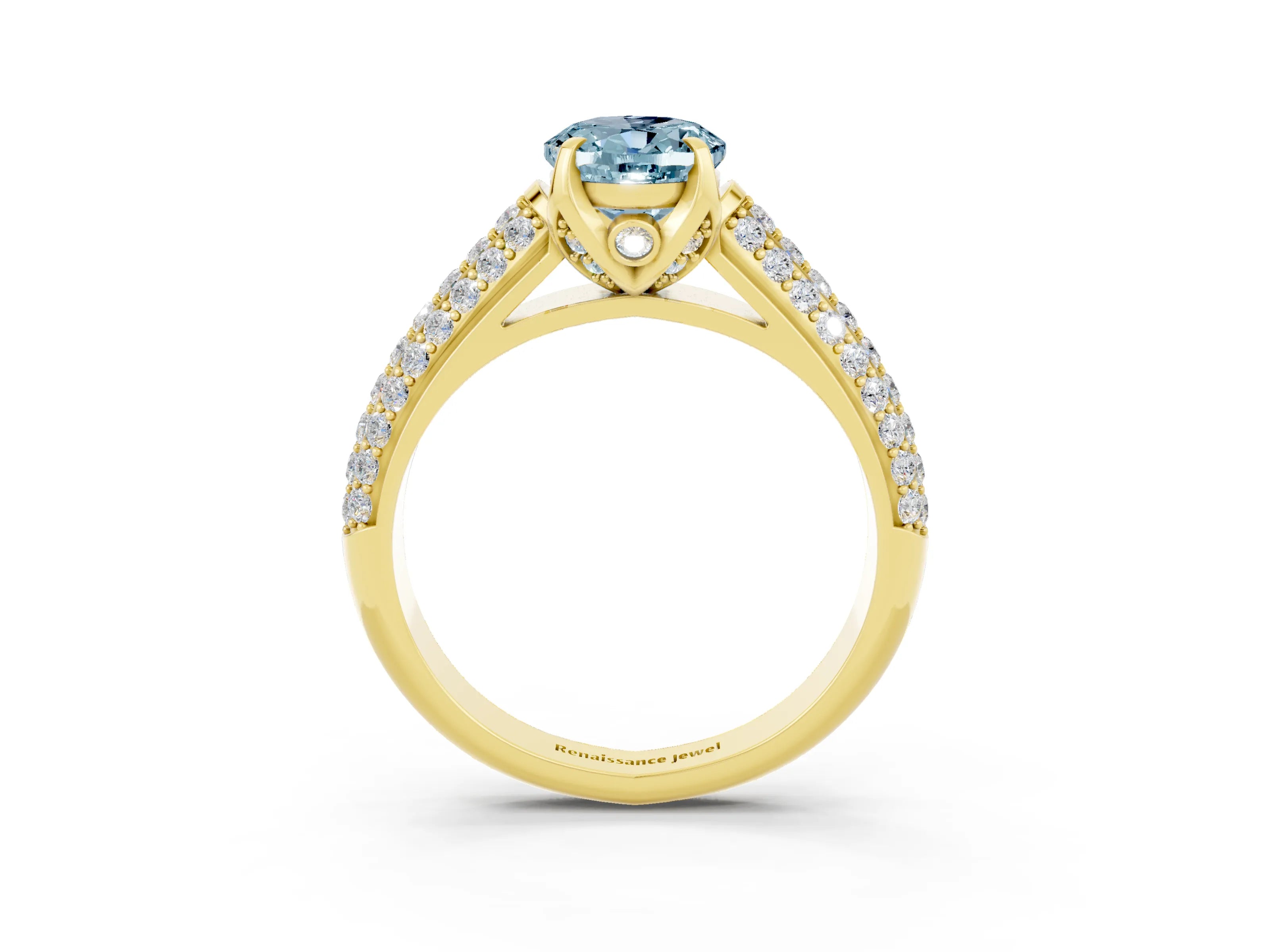 Yellow gold Oval Cut Aquamarine Solitaire Ring with Three-Row Pavé Band and Four-Prong Setting_15