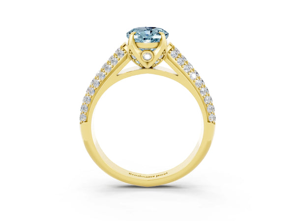 Yellow gold Oval Cut Aquamarine Solitaire Ring with Three-Row Pavé Band and Four-Prong Setting