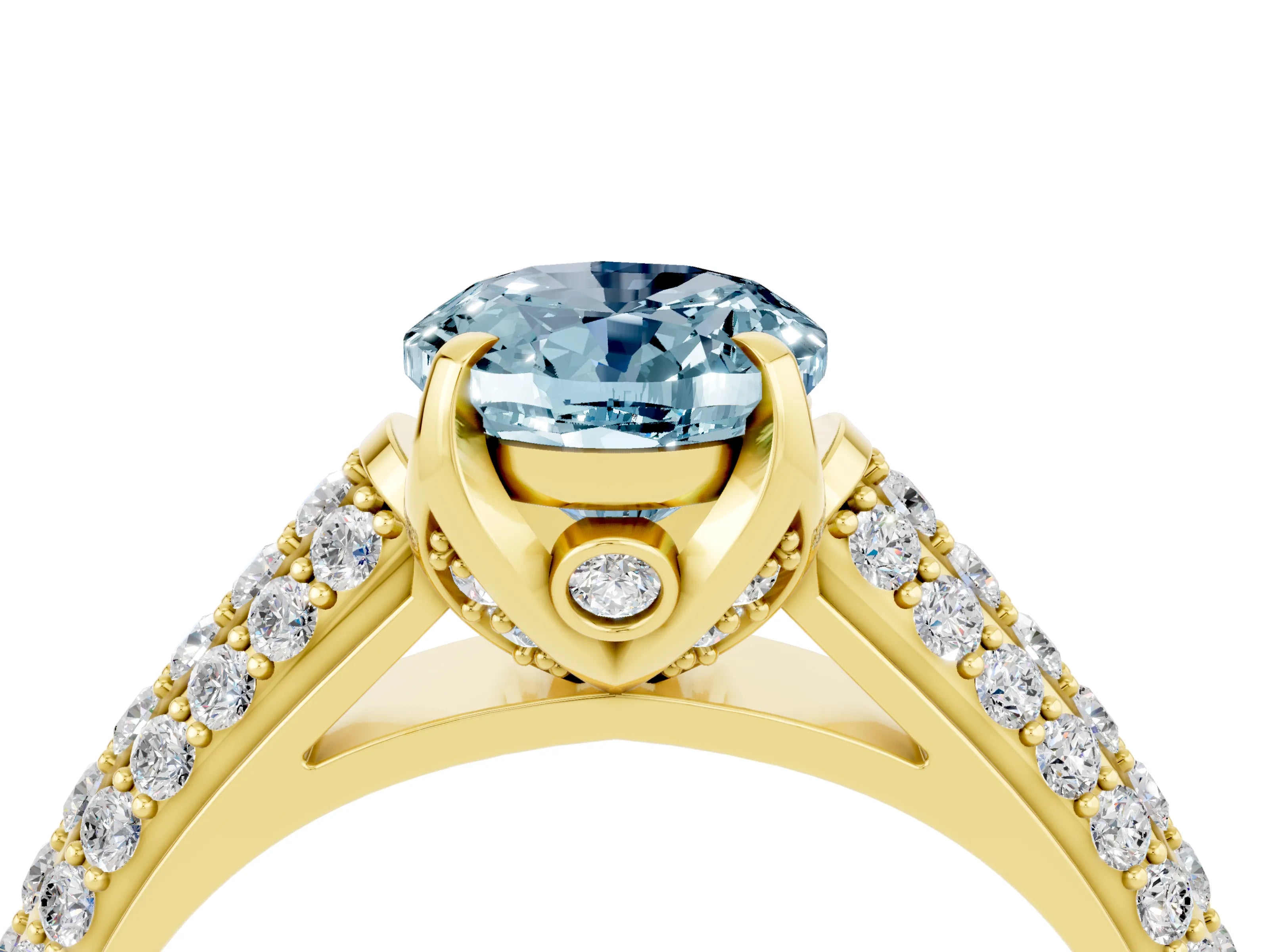 Yellow gold Oval Cut Aquamarine Solitaire Ring with Three-Row Pavé Band and Four-Prong Setting_16