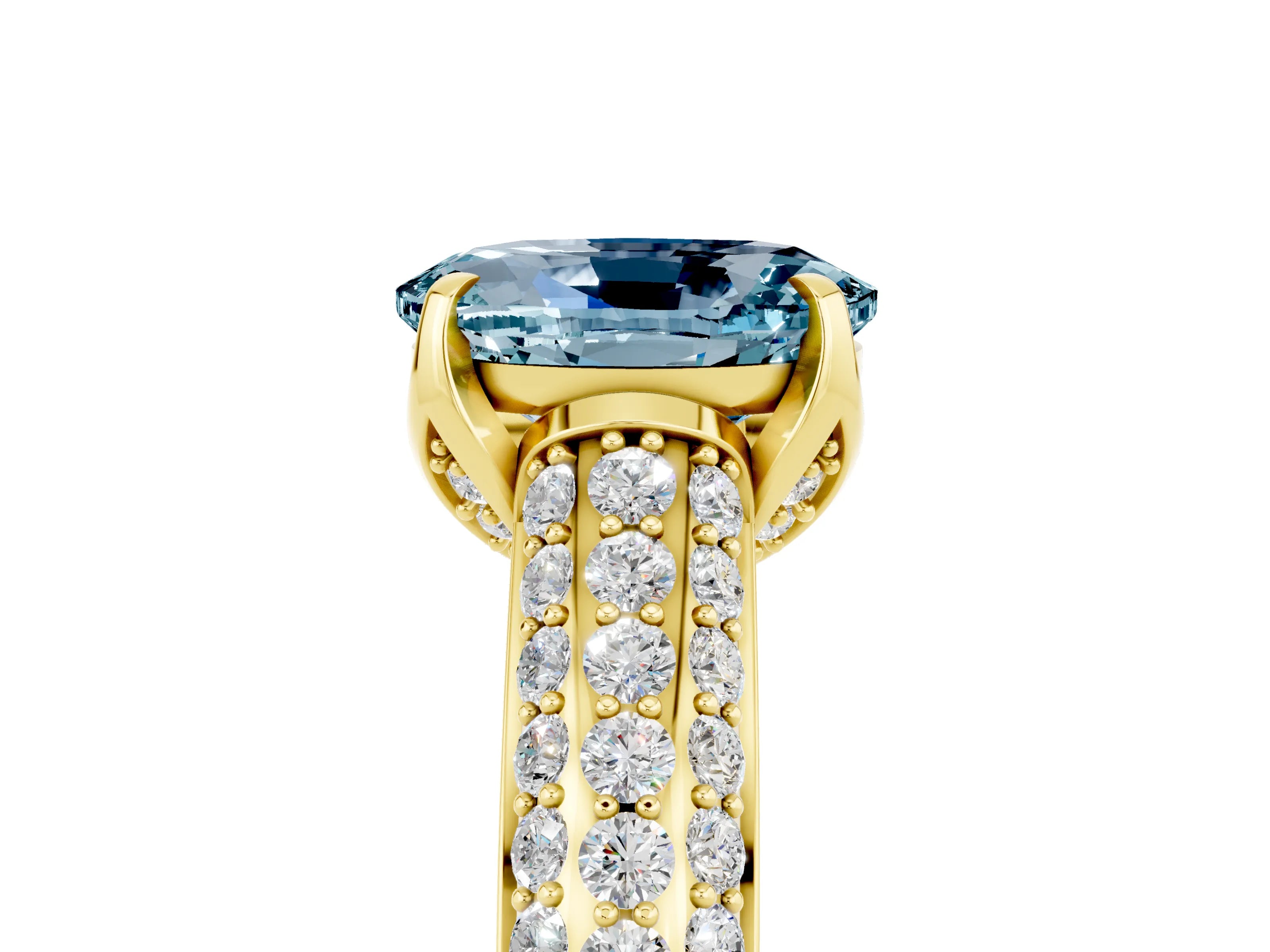 Yellow gold Oval Cut Aquamarine Solitaire Ring with Three-Row Pavé Band and Four-Prong Setting_17