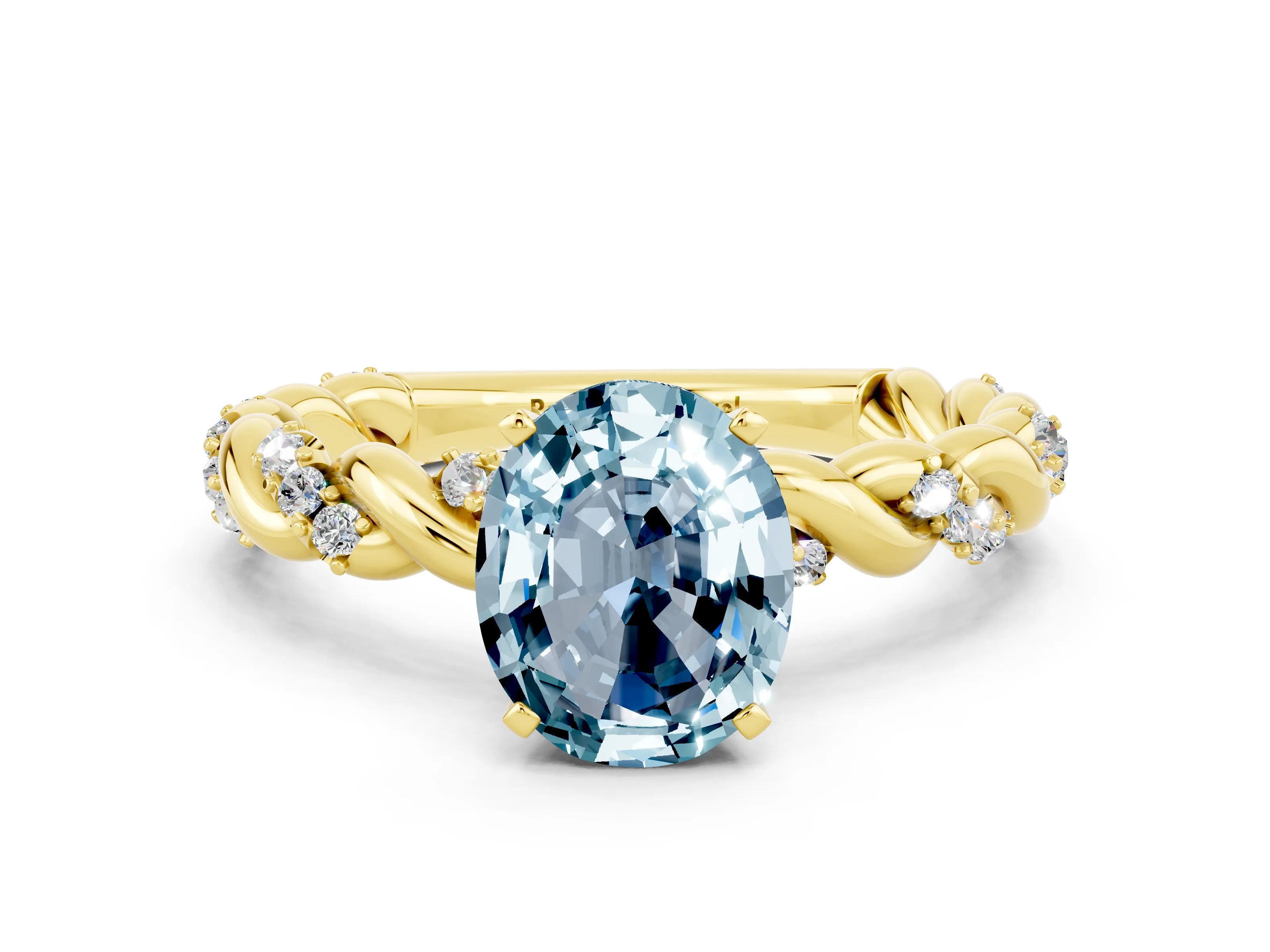Yellow gold Oval Cut Aquamarine Solitaire Ring with Twisted Band and Pavé Accents