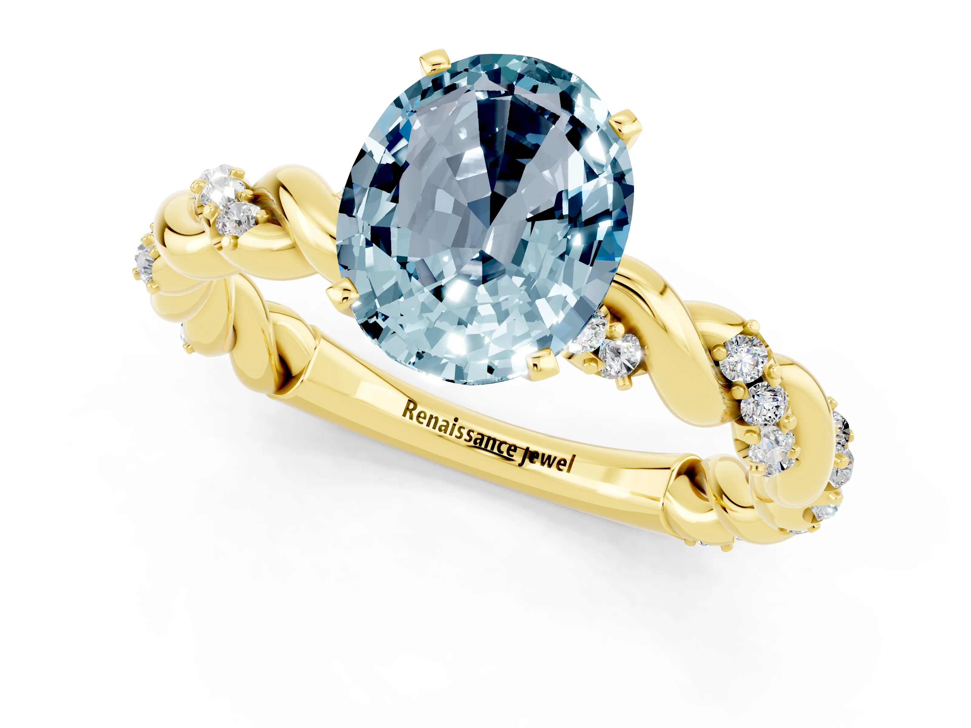 Yellow gold Oval Cut Aquamarine Solitaire Ring with Twisted Band and Pavé Accents_1