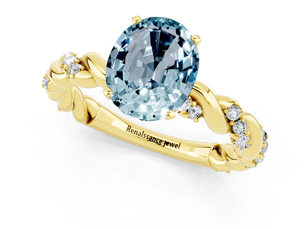 Yellow gold Oval Cut Aquamarine Solitaire Ring with Twisted Band and Pavé Accents