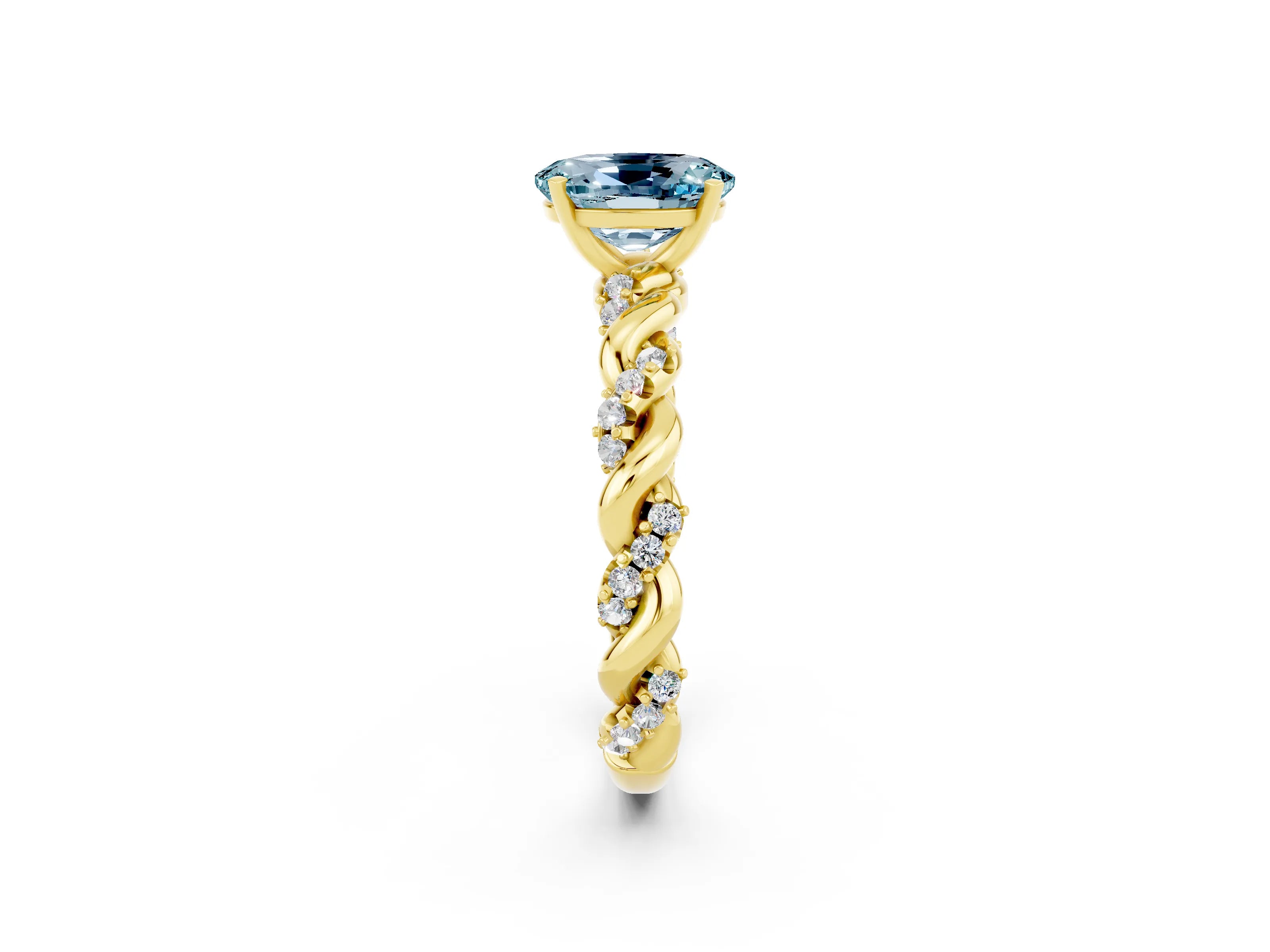Yellow gold Oval Cut Aquamarine Solitaire Ring with Twisted Band and Pavé Accents_2