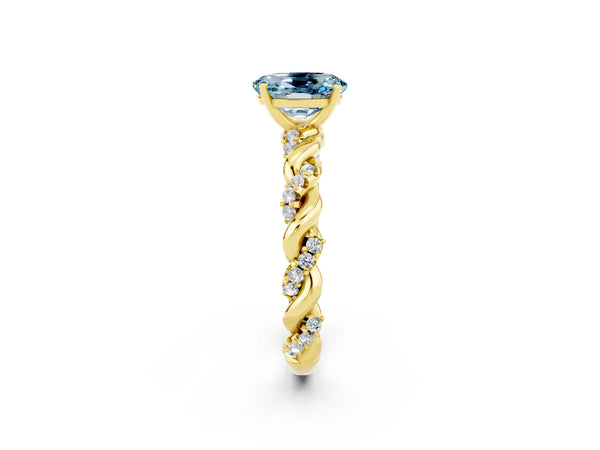 Yellow gold Oval Cut Aquamarine Solitaire Ring with Twisted Band and Pavé Accents