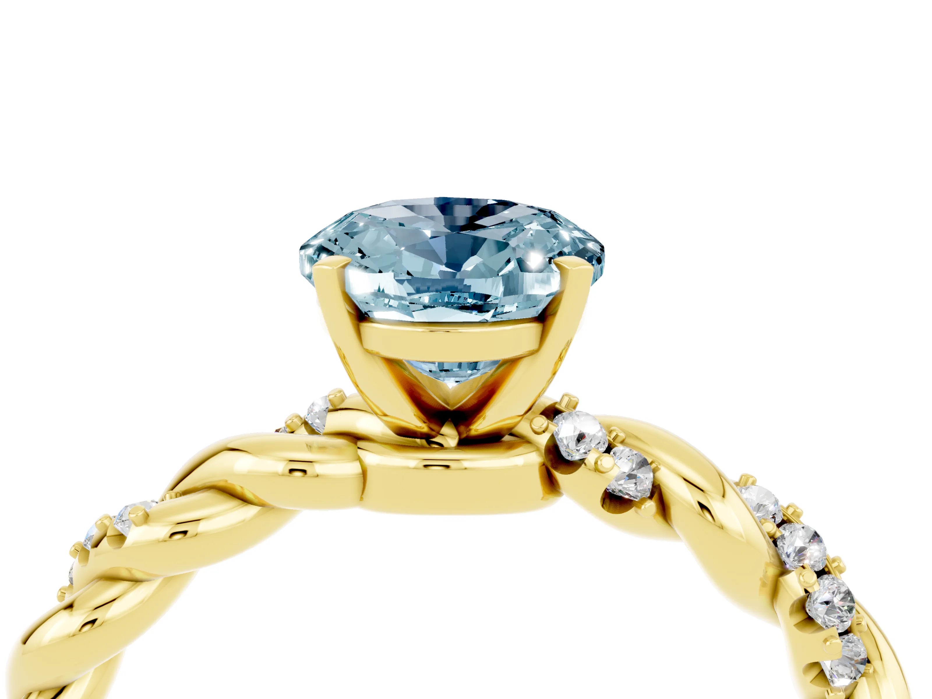 Yellow gold Oval Cut Aquamarine Solitaire Ring with Twisted Band and Pavé Accents_4