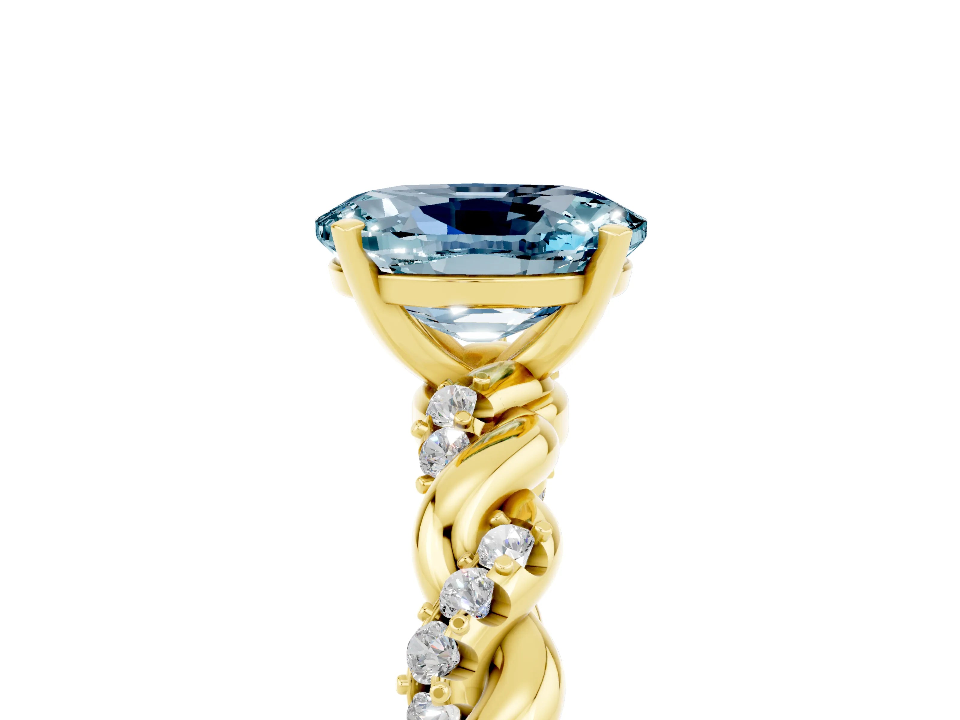 Yellow gold Oval Cut Aquamarine Solitaire Ring with Twisted Band and Pavé Accents_5