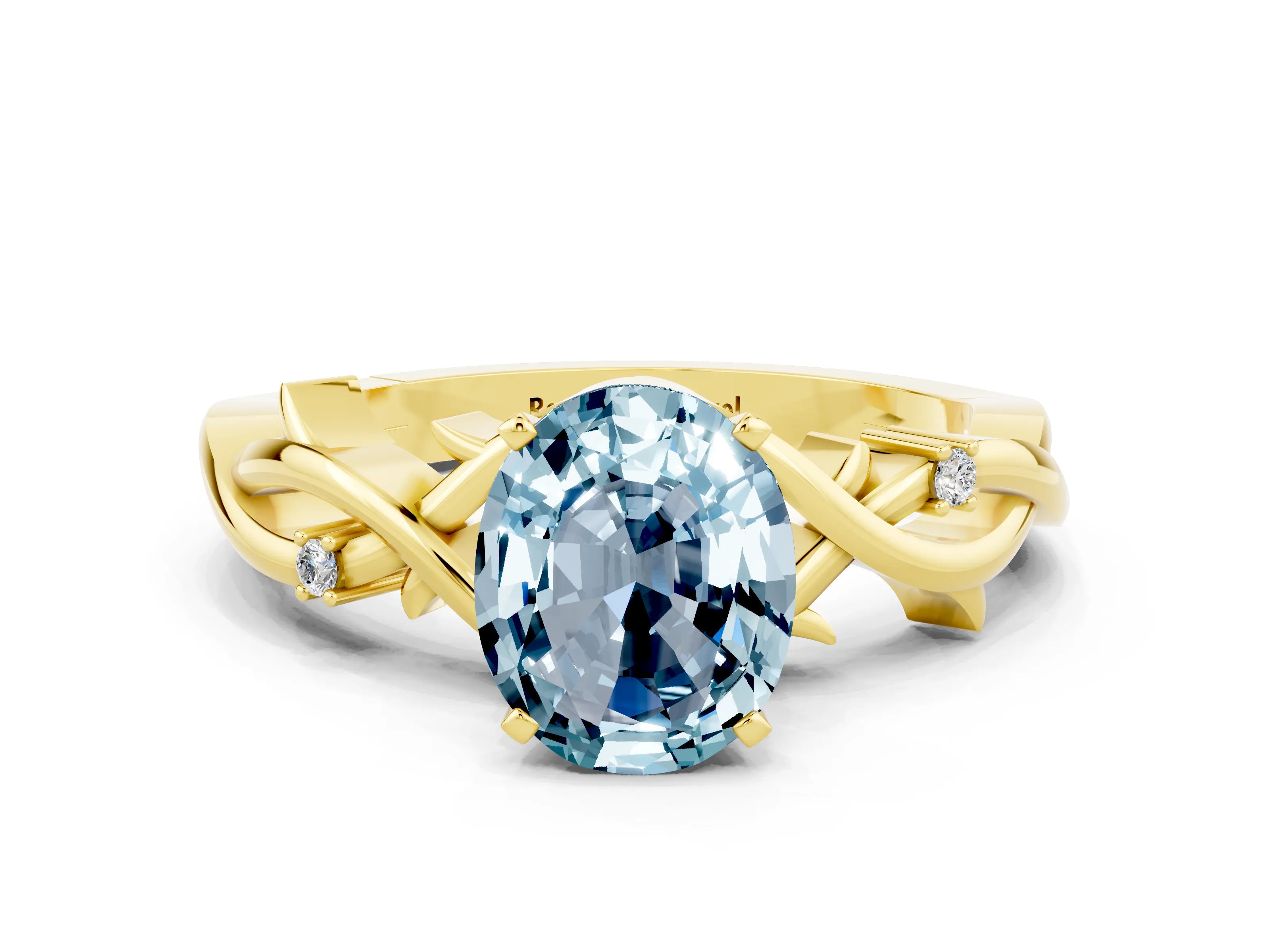 Yellow gold Oval Cut Aquamarine Solitaire Ring with Twisted Band and Prong Setting