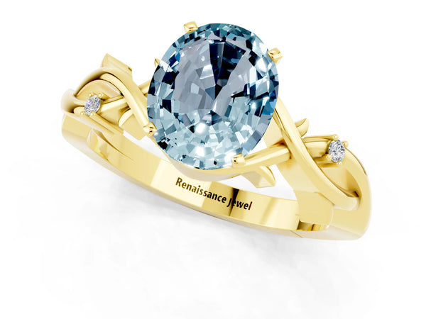 Yellow gold Oval Cut Aquamarine Solitaire Ring with Twisted Band and Prong Setting