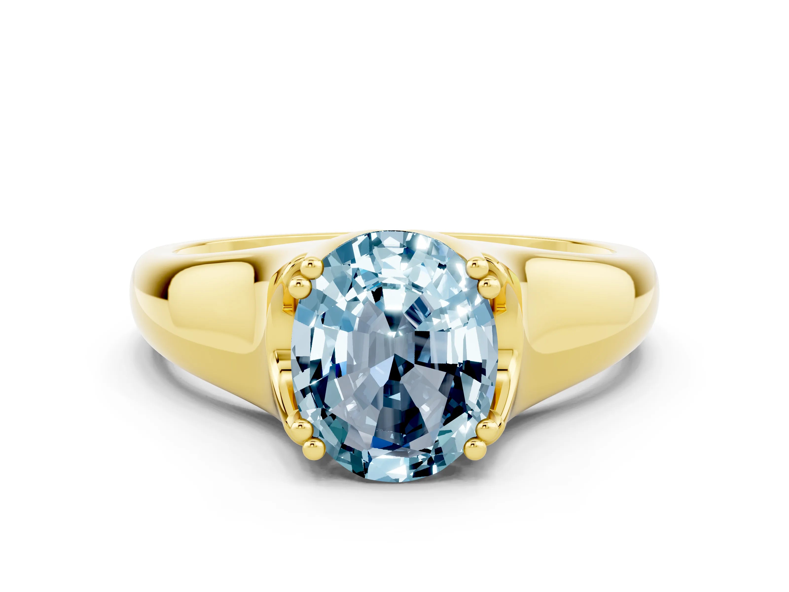 Yellow gold Oval Cut Aquamarine Solitaire Ring with Wide Band and Prong Setting