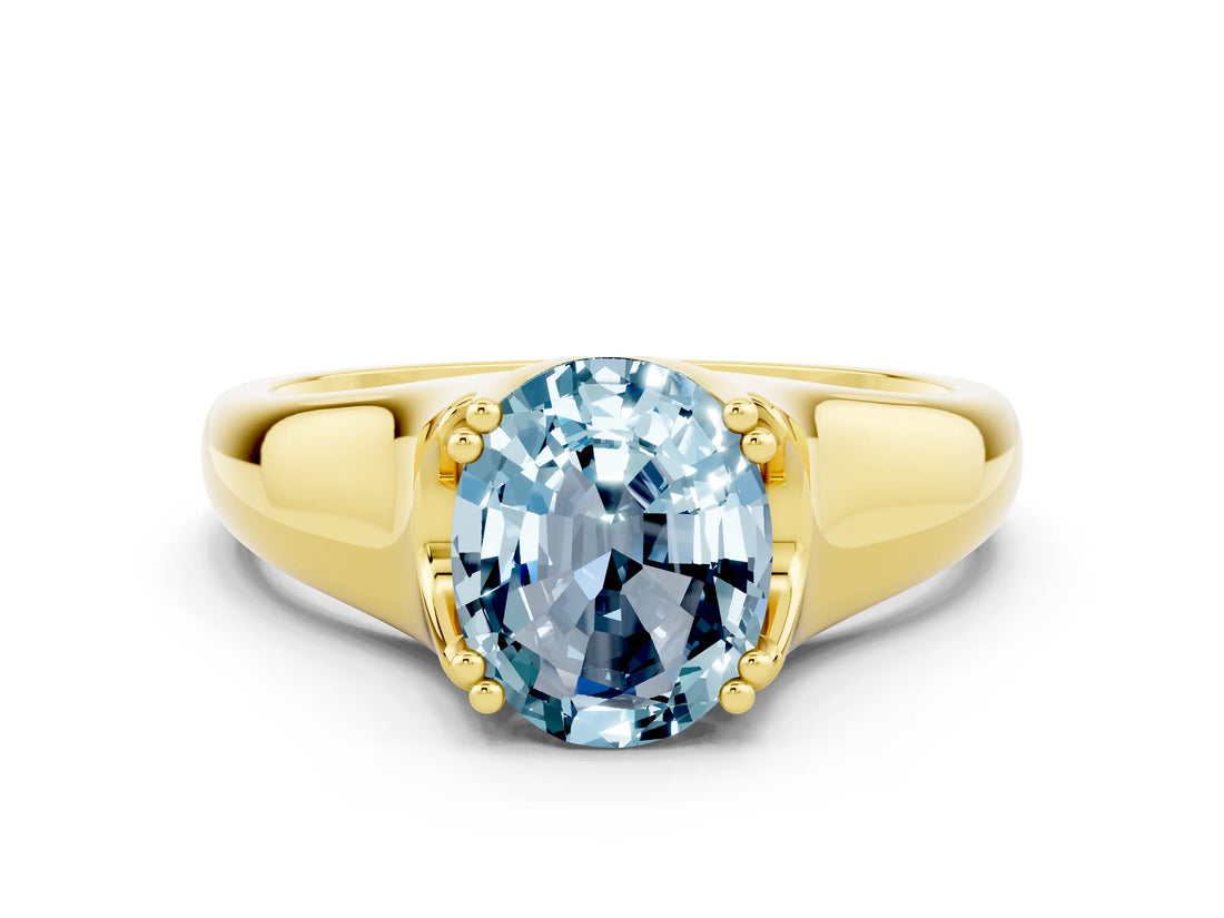 Yellow gold Oval Cut Aquamarine Solitaire Ring with Wide Band and Prong Setting
