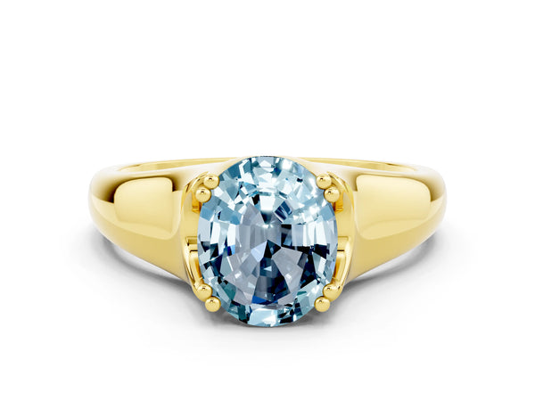 Yellow gold Oval Cut Aquamarine Solitaire Ring with Wide Band and Prong Setting