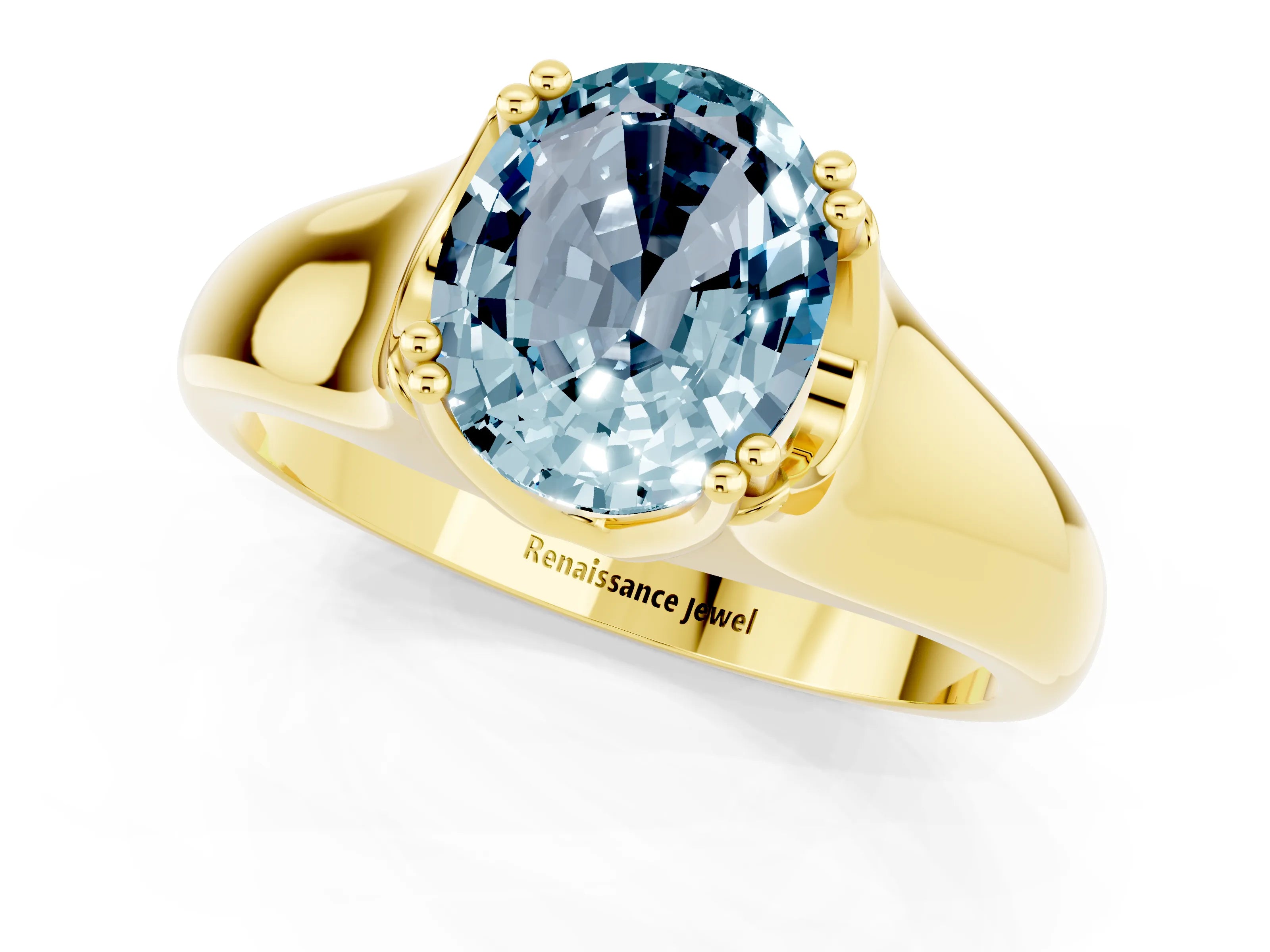 Yellow gold Oval Cut Aquamarine Solitaire Ring with Wide Band and Prong Setting_1